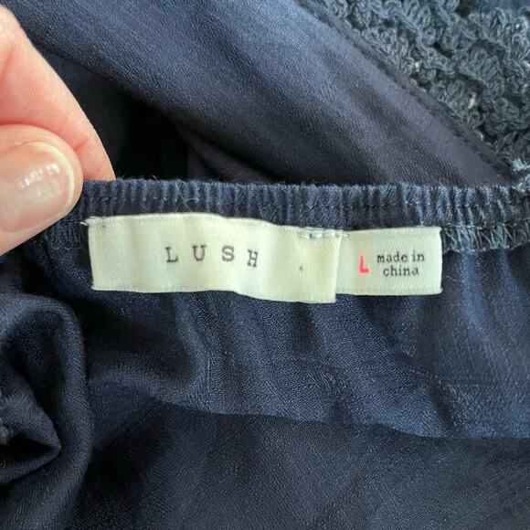 Lush Navy Blue Lace Trim Gauze V-Neck High-Low Sleeveless Midi Dress Large - Picture 4 of 14